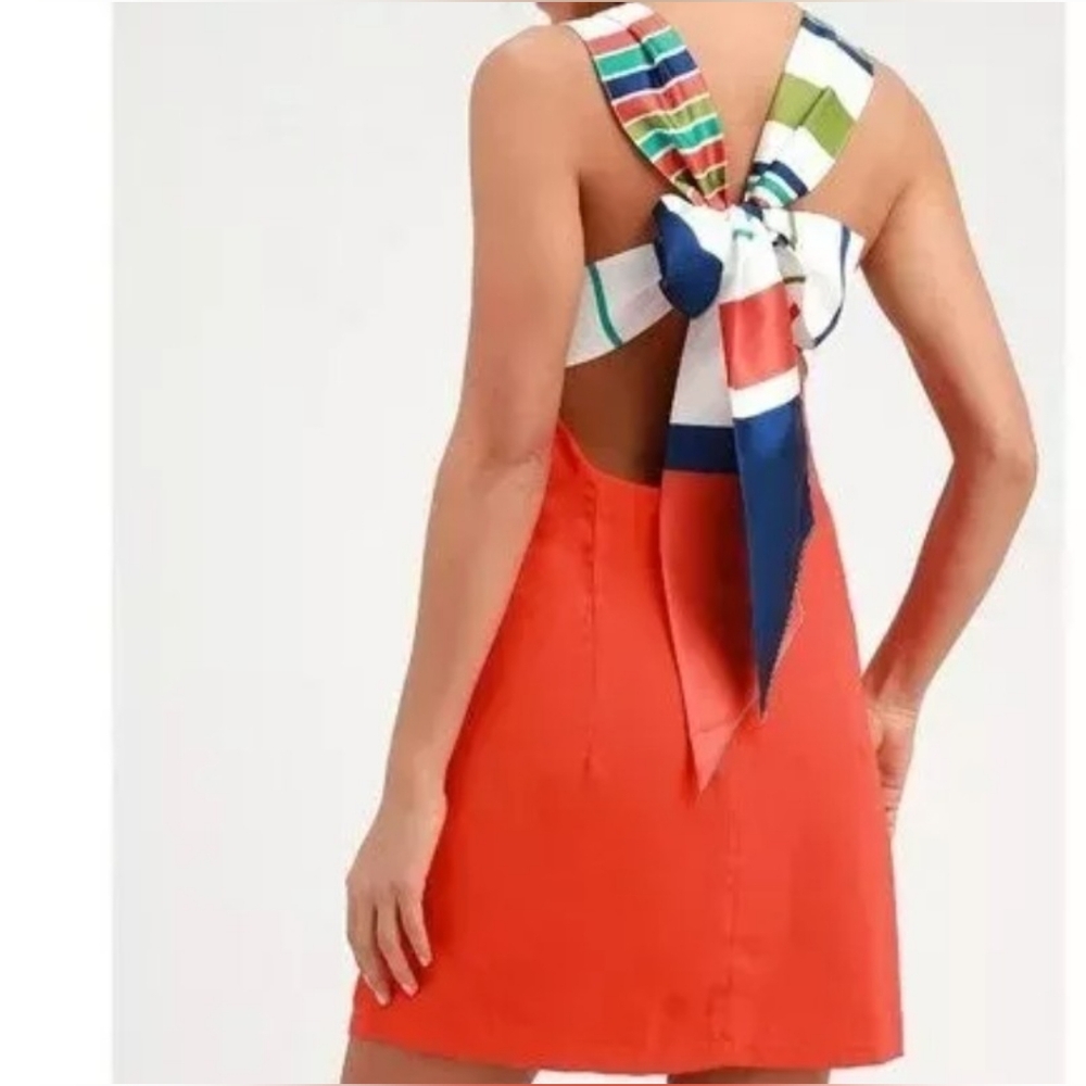 NWT Lulu's Color Red Orange Multi Strip Tie-Back Mini Dress Size Large